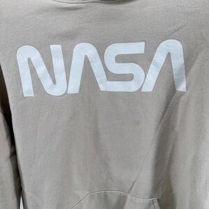 NASA Hoodie Pullover Sweatshirt With Sleeve Patches Beige Space Exploration Sz L